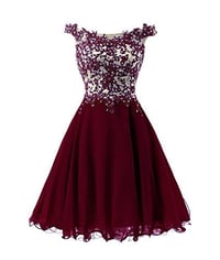 Image 1 of Off Shoulder Wine Red Chiffon Short Prom Dress, Homecoming Dresses