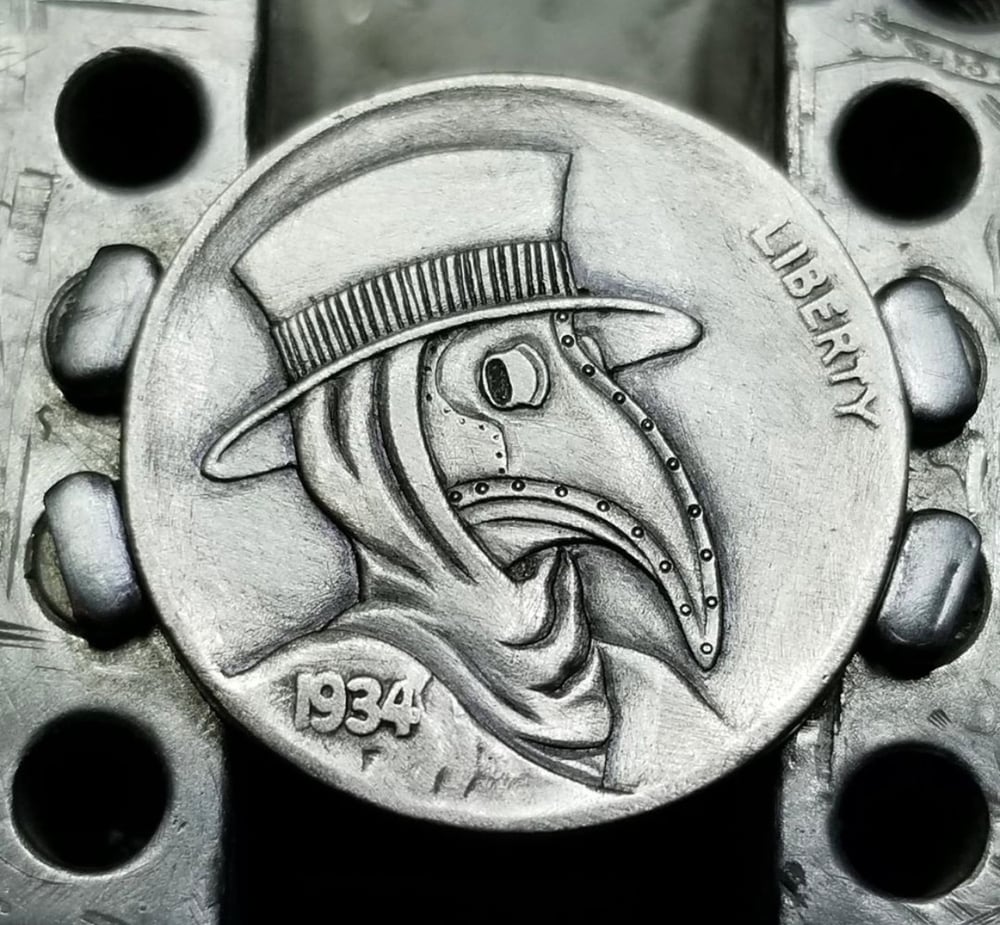 Image of Plague doctor buffalo nickel carved coin 