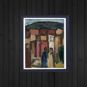 Image of Large, Mid Century, Swedish Oil Painting, 'Street Scene.'