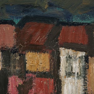 Image of Large, Mid Century, Swedish Oil Painting, 'Street Scene.'