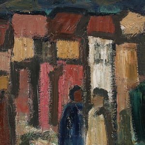 Image of Large, Mid Century, Swedish Oil Painting, 'Street Scene.'