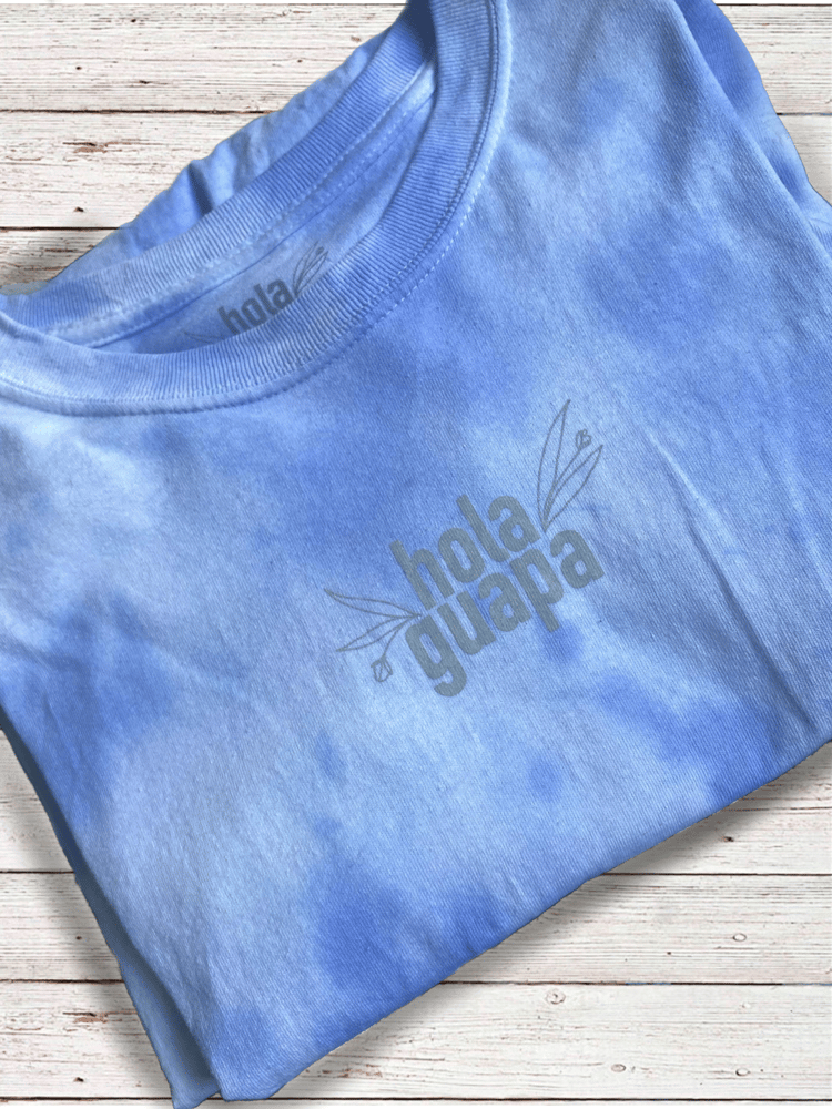 Image of Blue washed tie dye. Hola guapa - floral surf - oversized classic tee. 