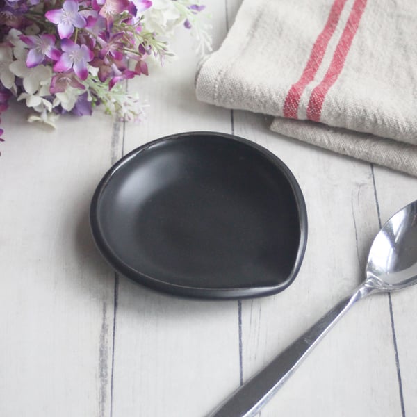 Image of Satin Black Spoon Rest, Handmade Ceramic Coffee Spoon Dish, Made in USA