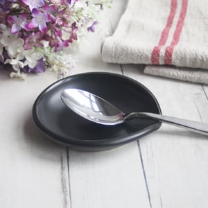 Image of Medium Satin Black Spoon Rest, Handmade Ceramic Coffee Spoon Dish, Made in USA
