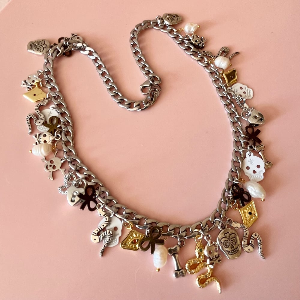Image of One of a Kind Charm Necklace - Snake, Skulls, Pearls and Bows