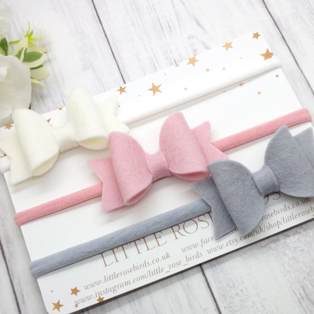 Image of SET OF 3 White/Ascot/Turtle Bows on Headbands or Clips