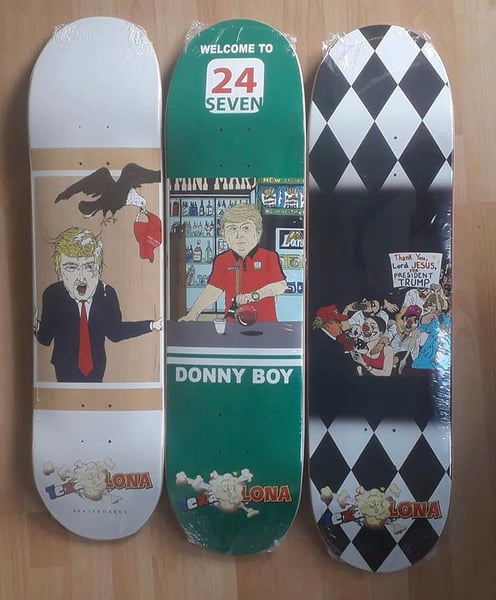 Image of Texalona Trump skateboard deck series. 