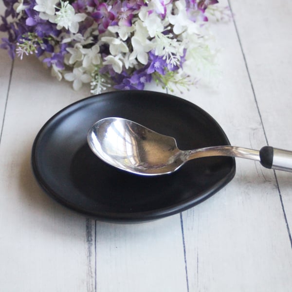 Image of Extra Large Modern Black Spoon Rest, Handmade Pottery Spoon Holder, Made in USA