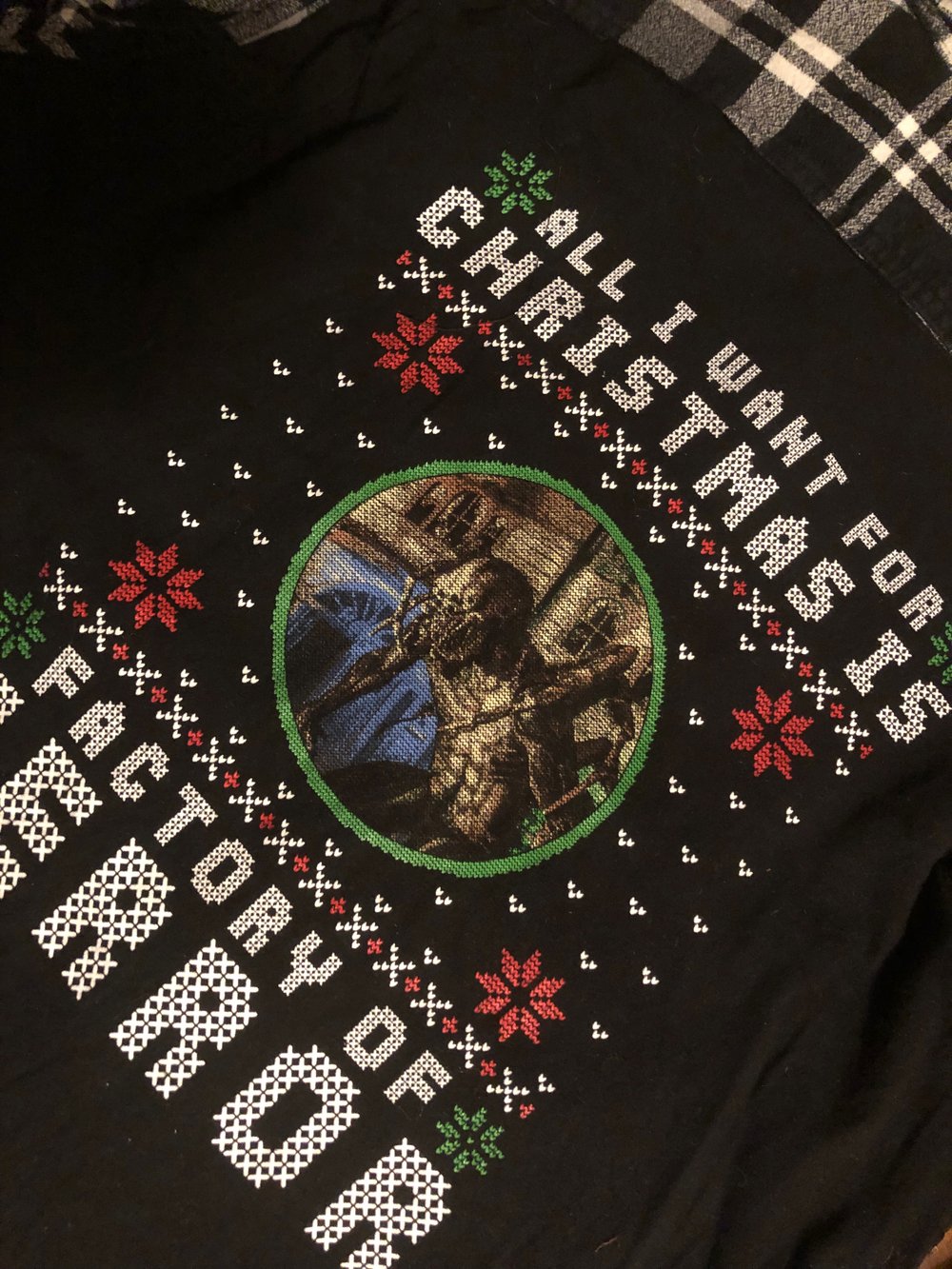 Upcycled “Factory of Terror/Christmas” t-shirt flannel