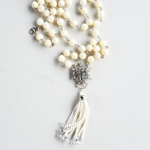 Vintage Rhinestone Mother of Pearl Tassel Necklace