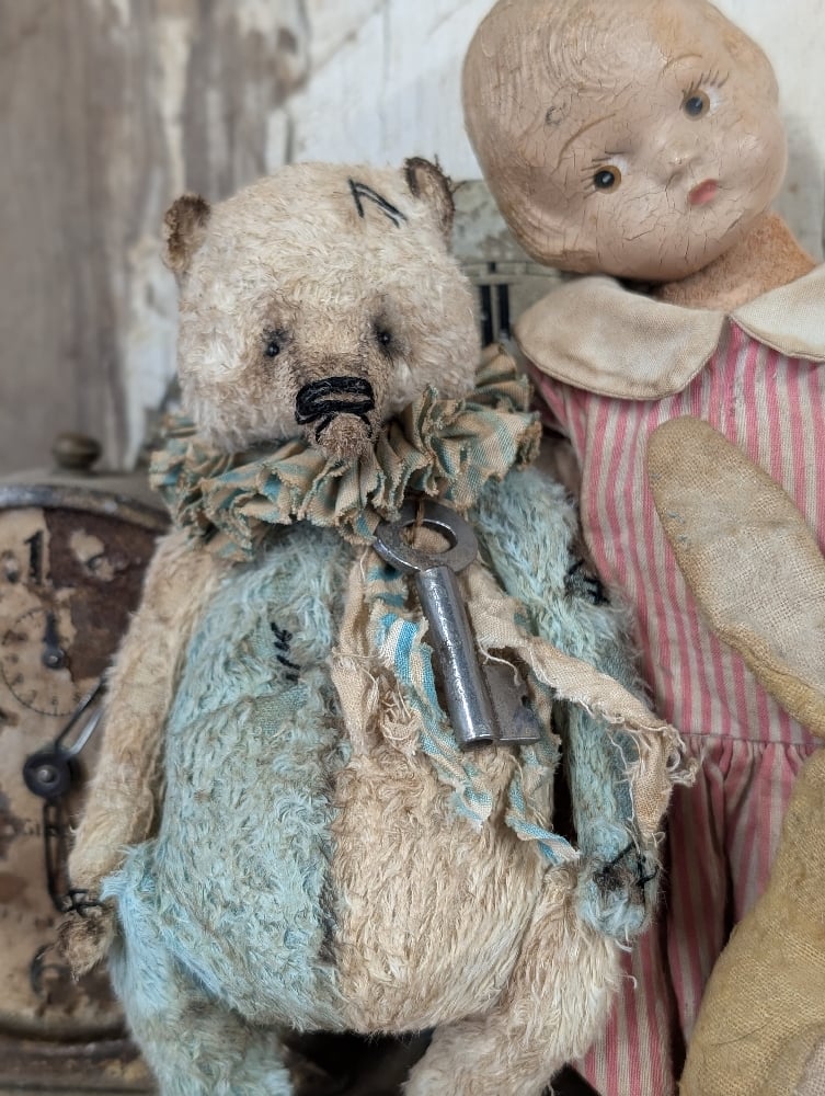 Image of  7" -Vintage Old Primitive CReAM & BluE Teddy Bear   by Whendi's Bears