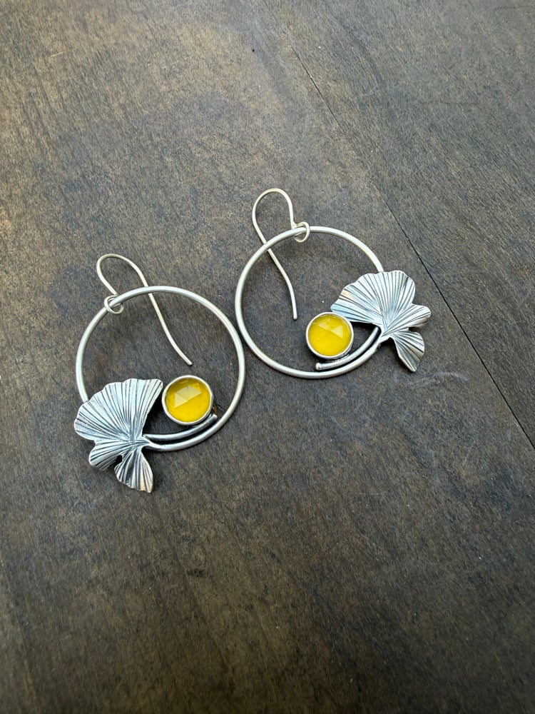 Image of Ginkgo Hoop Earrings with Canary Yellow Chalcedony