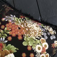 Image 2 of Japanese floral chrysanthemum print cushion cover with gold pink or black fringe
