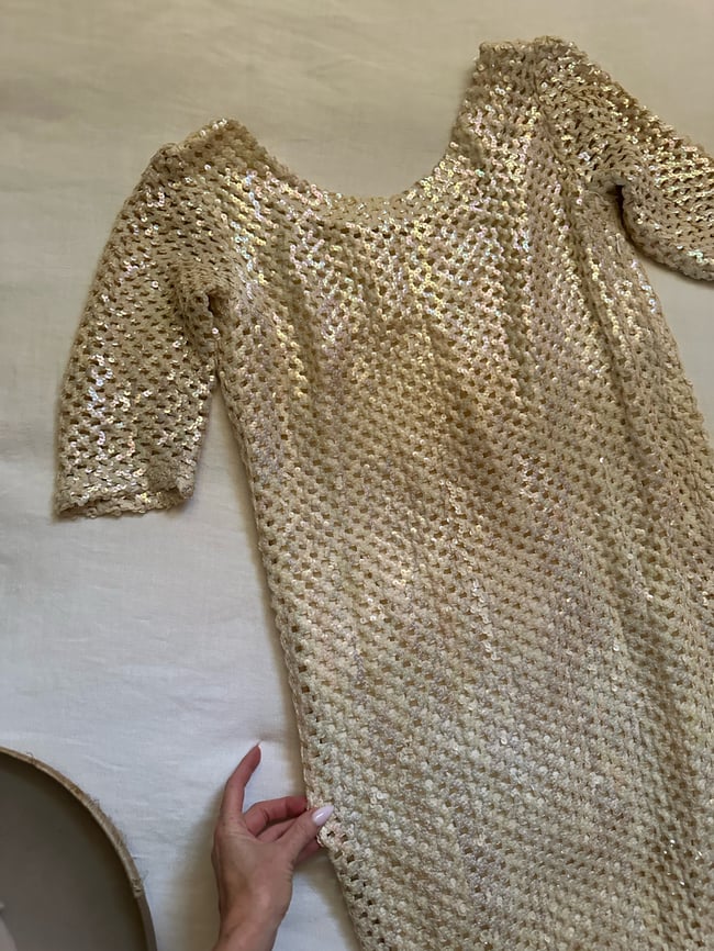 late 60s plunging low back champagne sequin crochet maxi dress