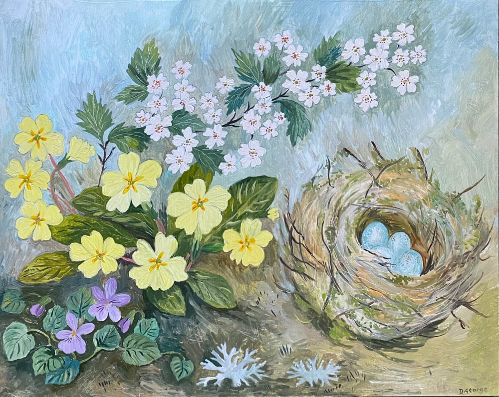 Image of Nest and Spring Flowers