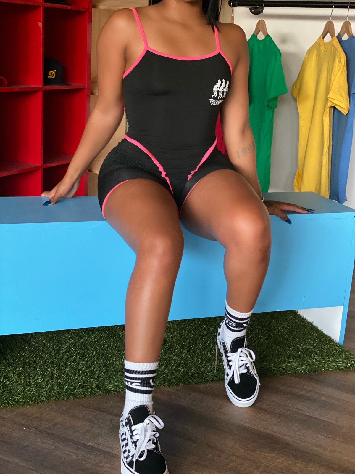 Image of Black  w. Pink Women trimming Body suit