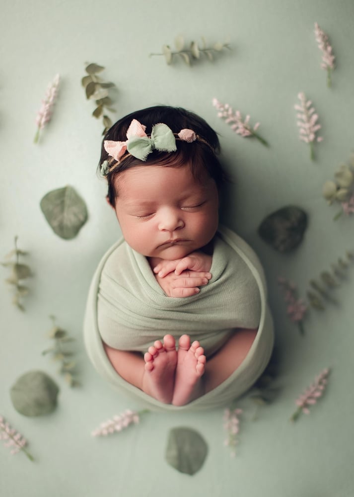 Image of 2 bows and flowers headband  (green & pink)