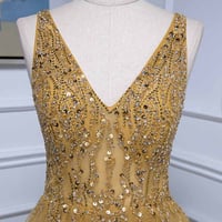 Image 3 of Beautiful Handmade Beaded Tulle Slit Long Prom Dress, A-line Formal Dress