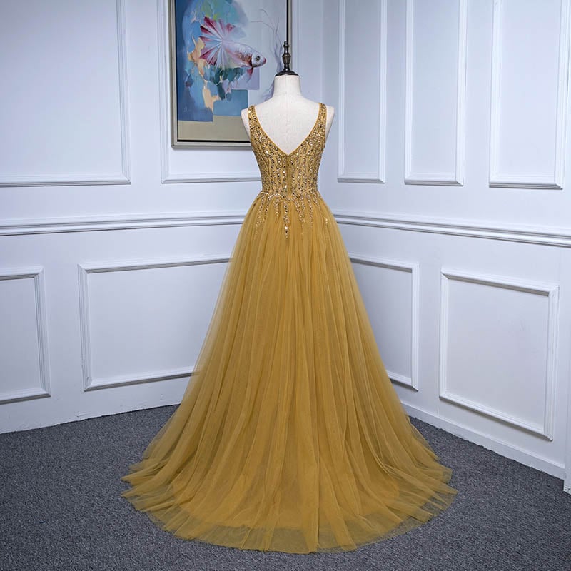 Beautiful Handmade Beaded Tulle Slit Long Prom Dress, A-line Formal Dress