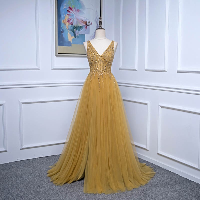 Beautiful Handmade Beaded Tulle Slit Long Prom Dress, A-line Formal Dress