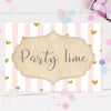 Party Invitations - Girls Pink Stripe Gold Heart