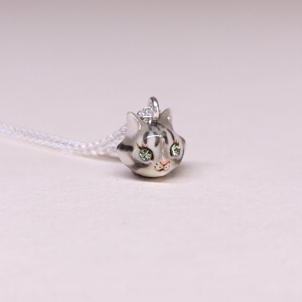 Image of Pale Grey Tabby Porcelain & Sterling Silver Teeny Tiny Cat Pendant