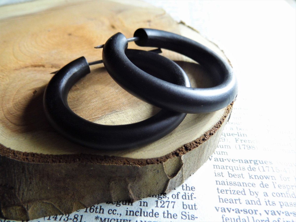 Black Wood Large Hoop Earrings