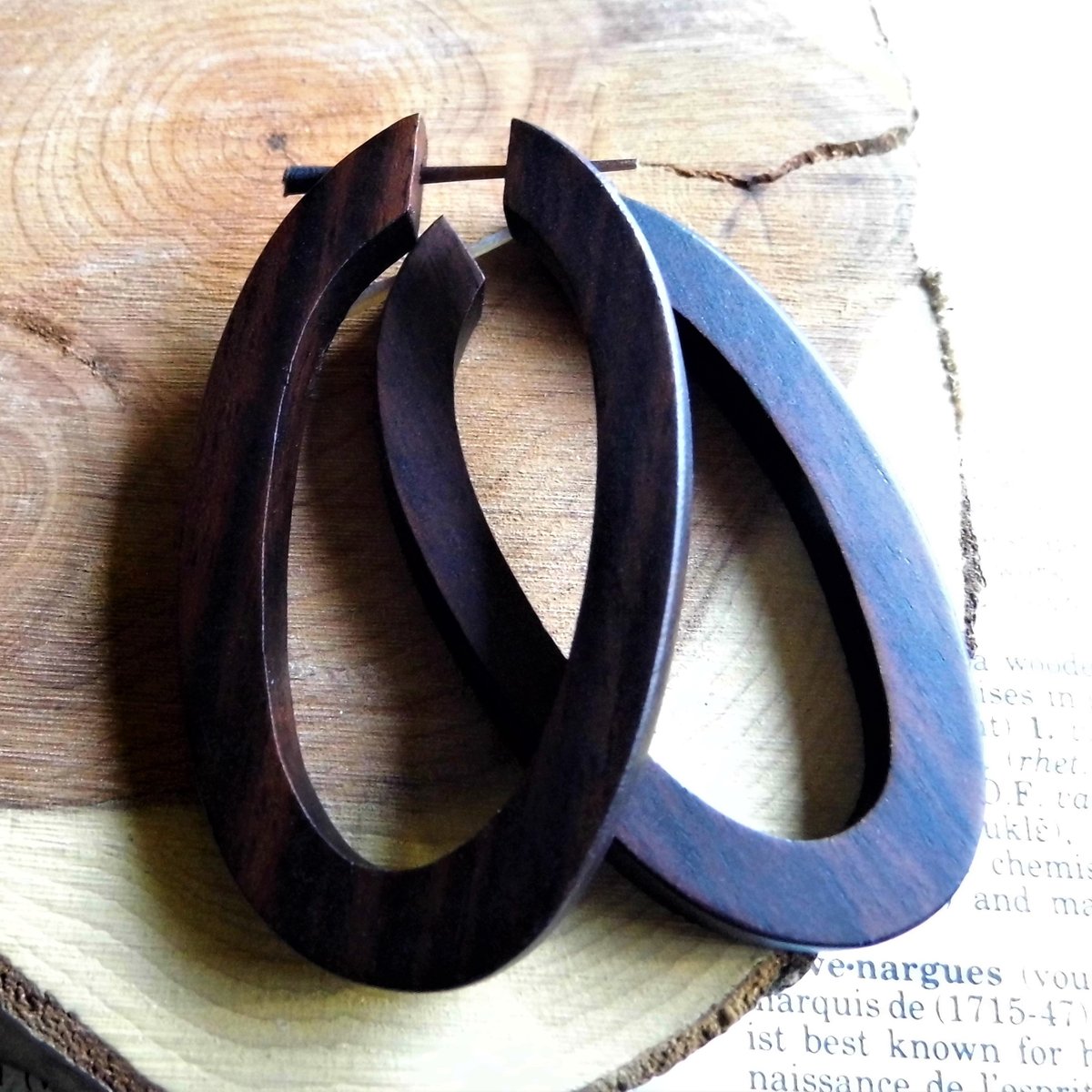 Dark Brown Wooden Long Large Hoop Earrings