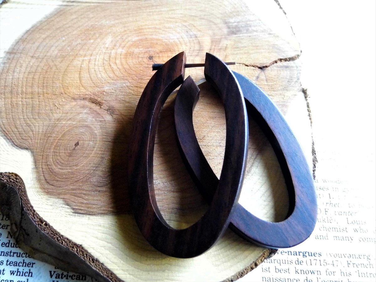 Dark Brown Wooden Long Large Hoop Earrings