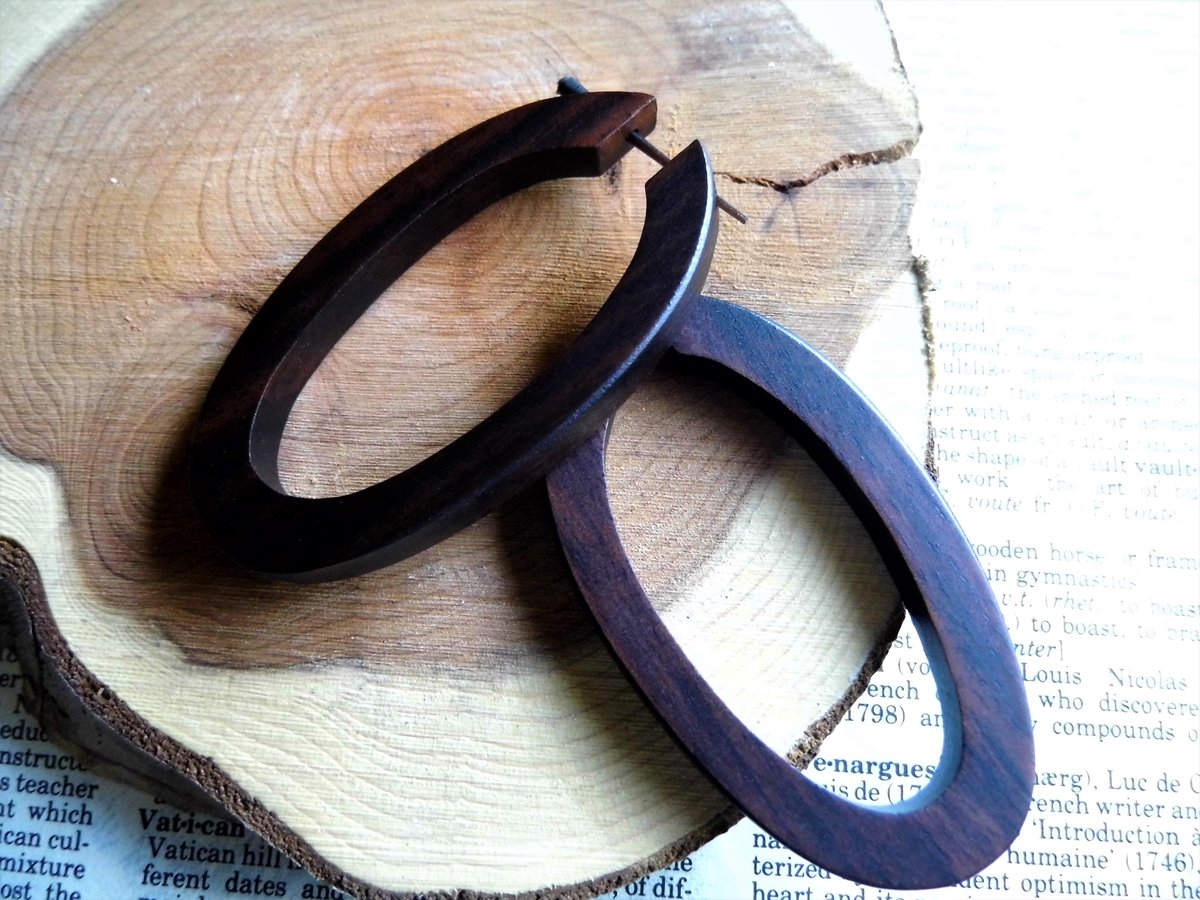 Dark Brown Wooden Long Large Hoop Earrings