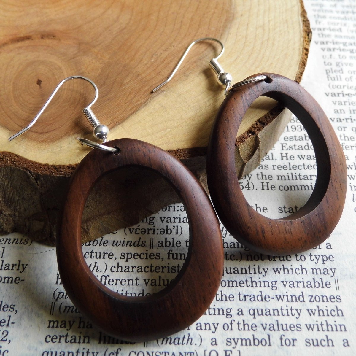 Wood Drop Dangle Earrings Hoops Silver