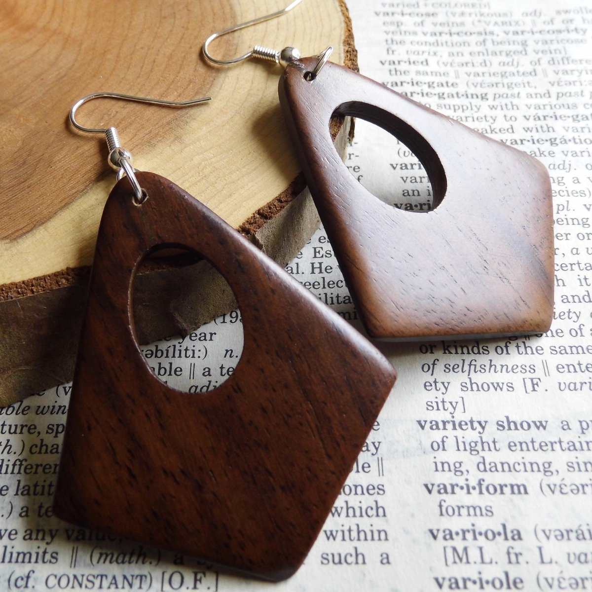 Wood Dangle Drop Hoop Earrings Silver