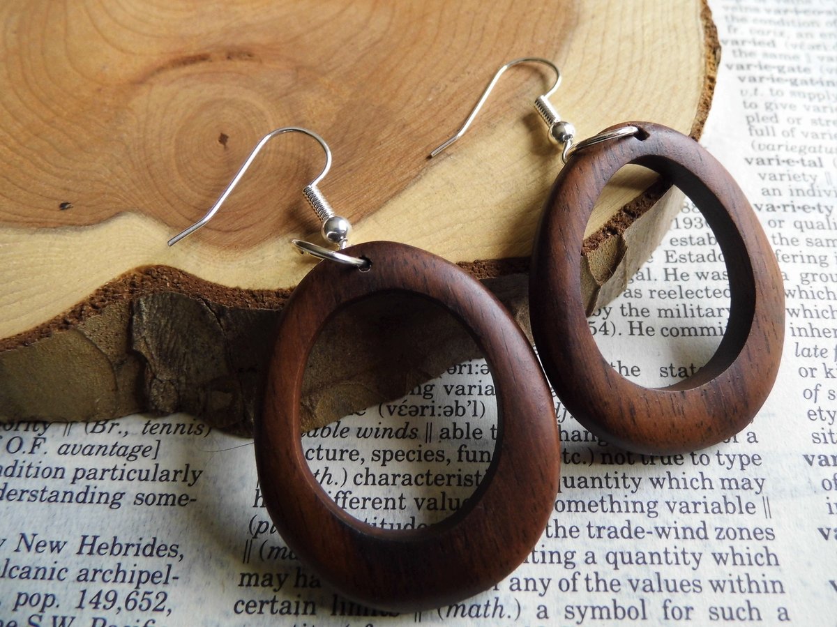 Wood Drop Dangle Earrings Hoops Silver