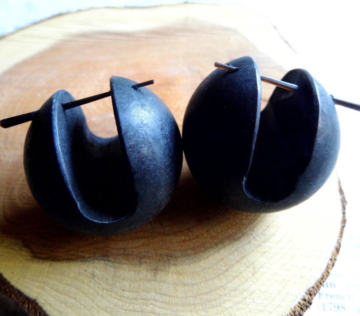 Huge Wood Huggie Hoop Black Sphere Extra Large