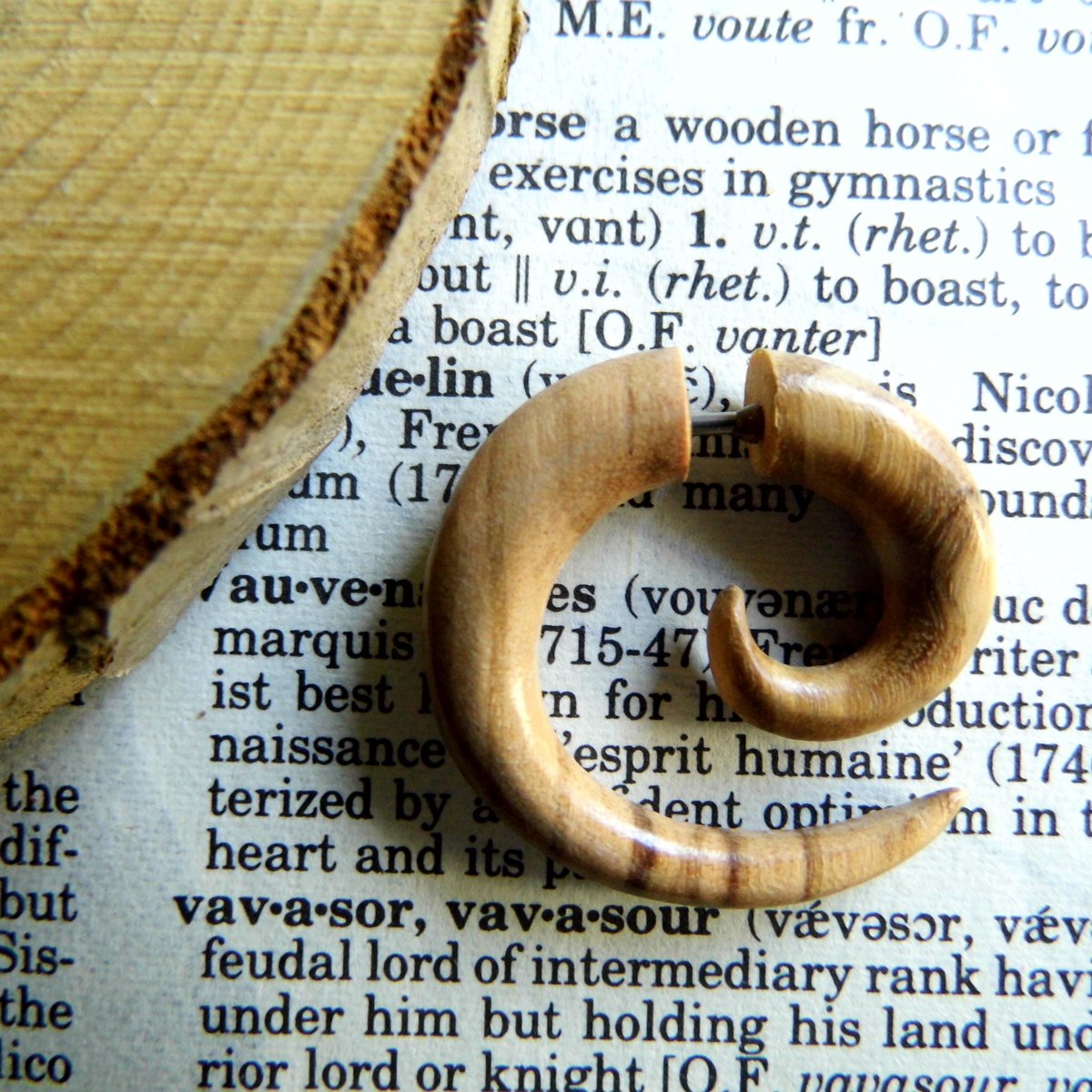 Olive Wood Spiral Hoop Earring Faux Plug