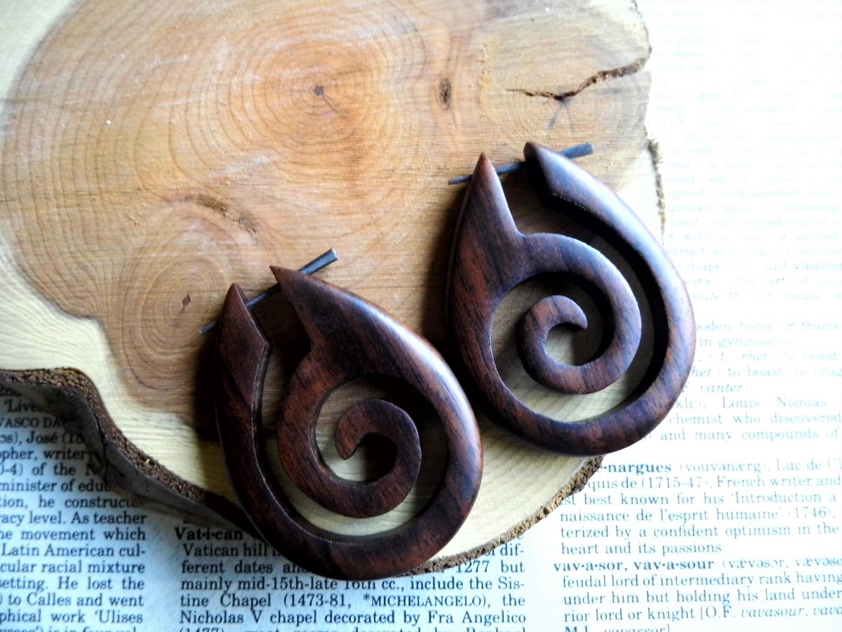 Large Wood Earrings Spiral Tribal