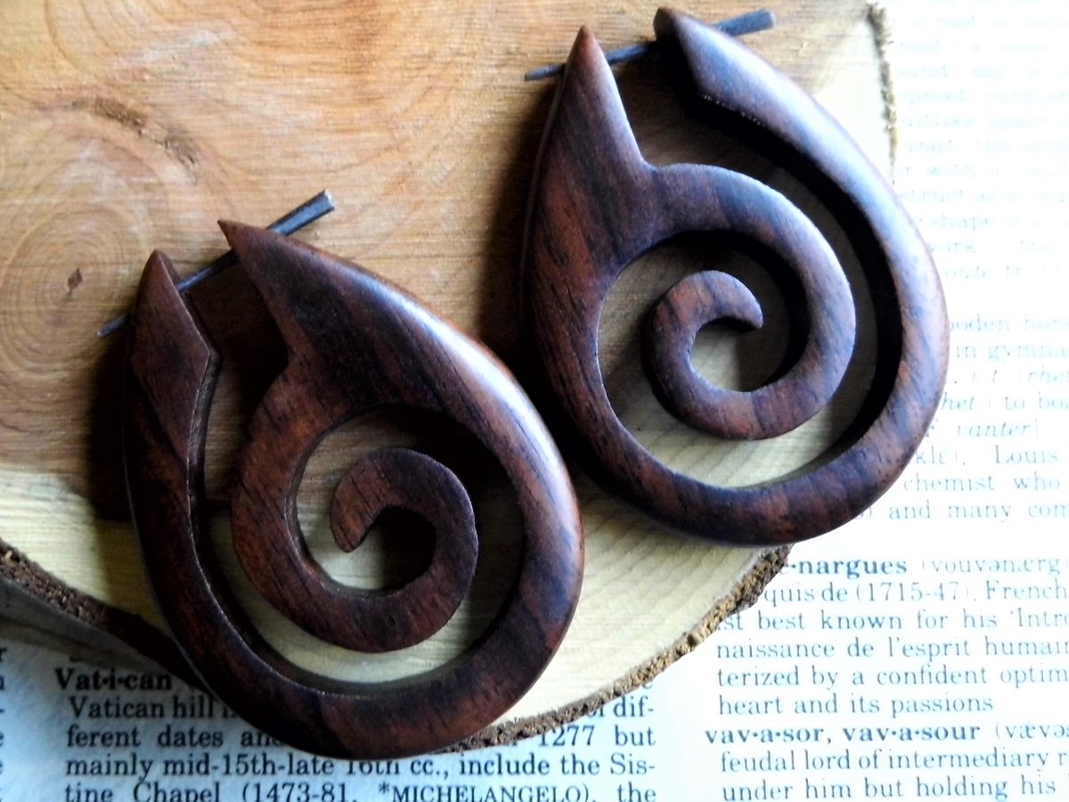 Large Wood Earrings Spiral Tribal