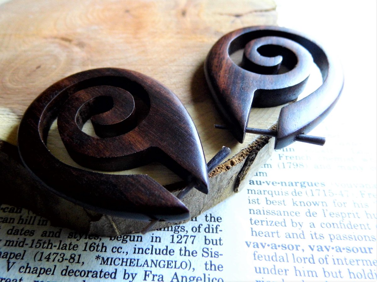 Large Wood Earrings Spiral Tribal