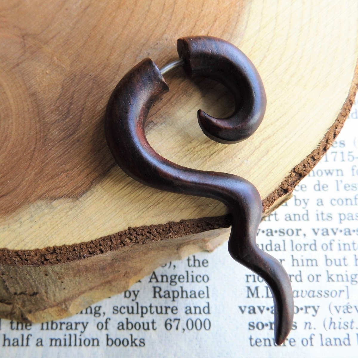 Wood Earring Spiral Long Faux Gauge