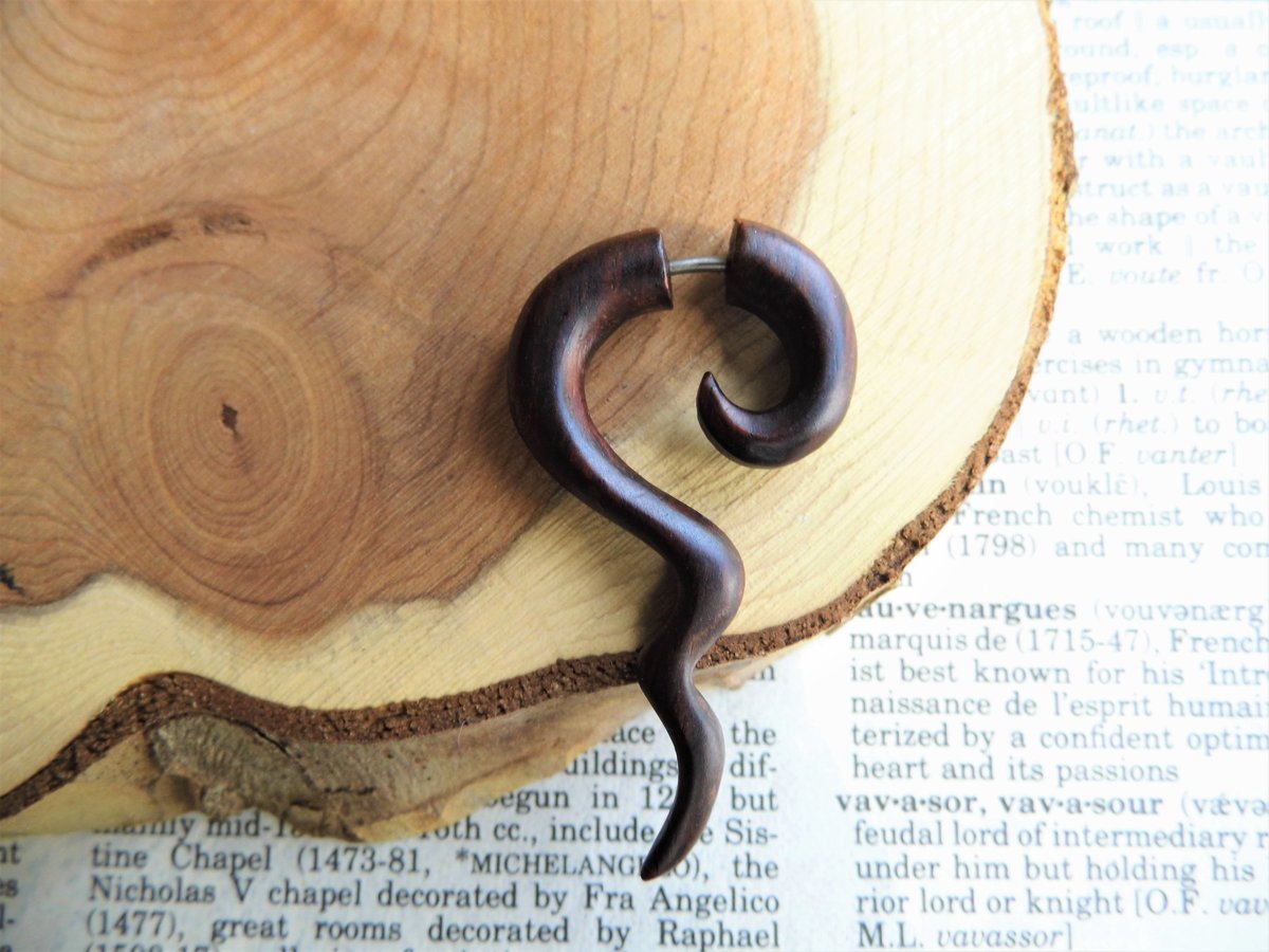 Wood Earring Spiral Long Faux Gauge