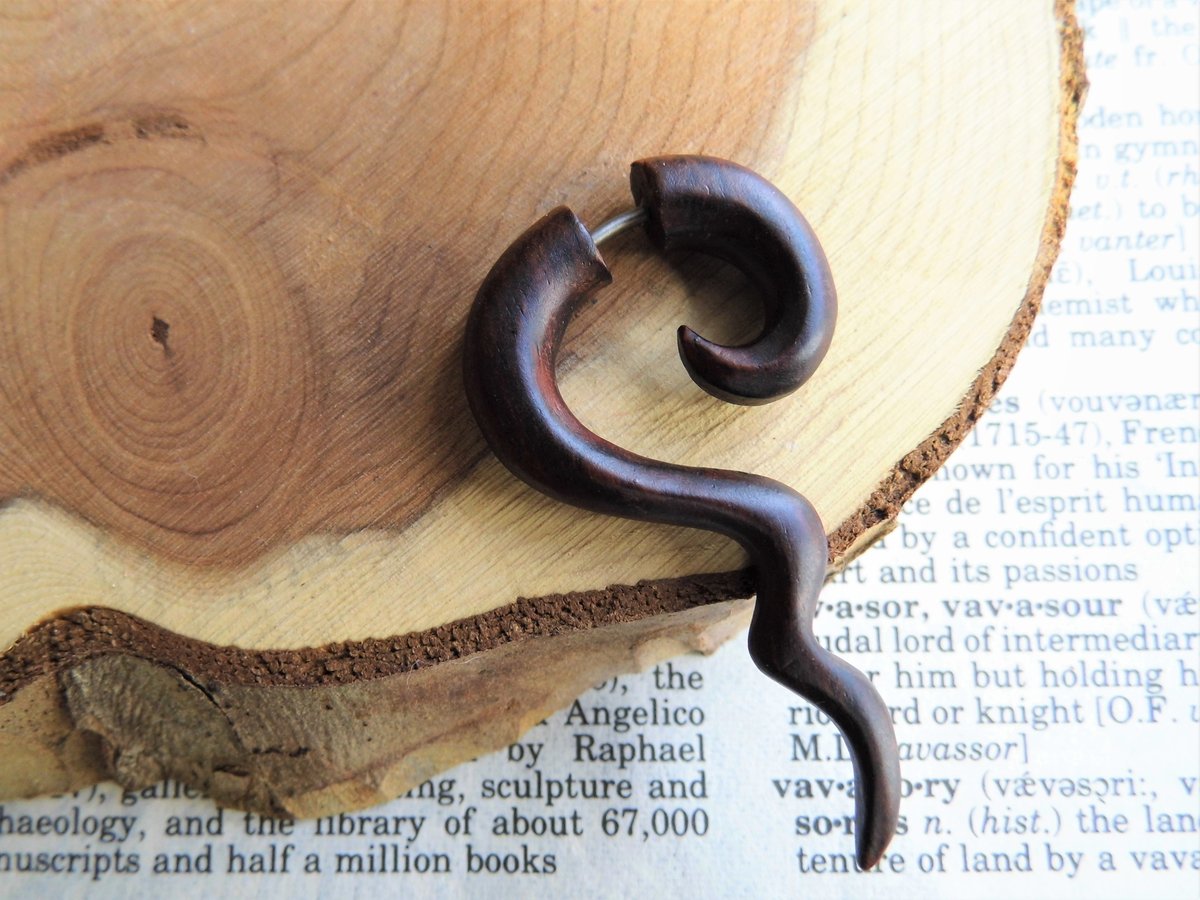 Wood Earring Spiral Long Faux Gauge