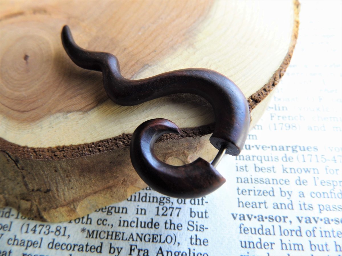 Wood Earring Spiral Long Faux Gauge