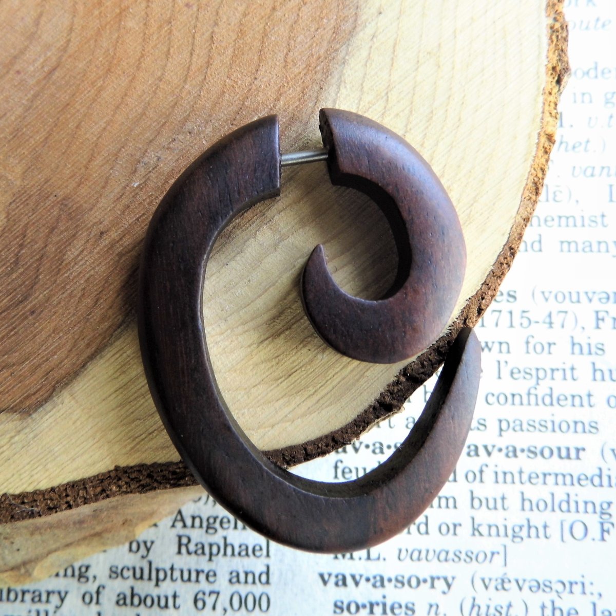 Spiral Wood Earring Faux Gauge