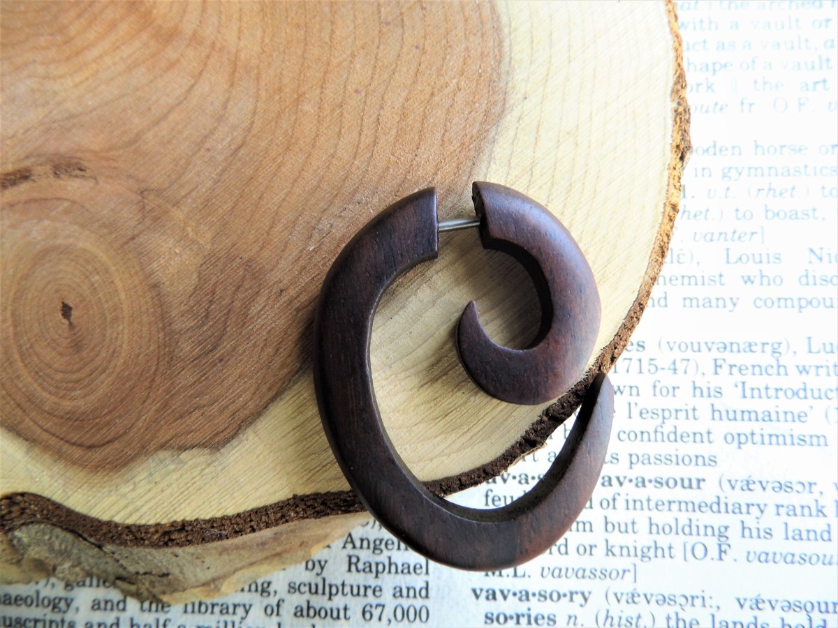 Spiral Wood Earring Faux Gauge