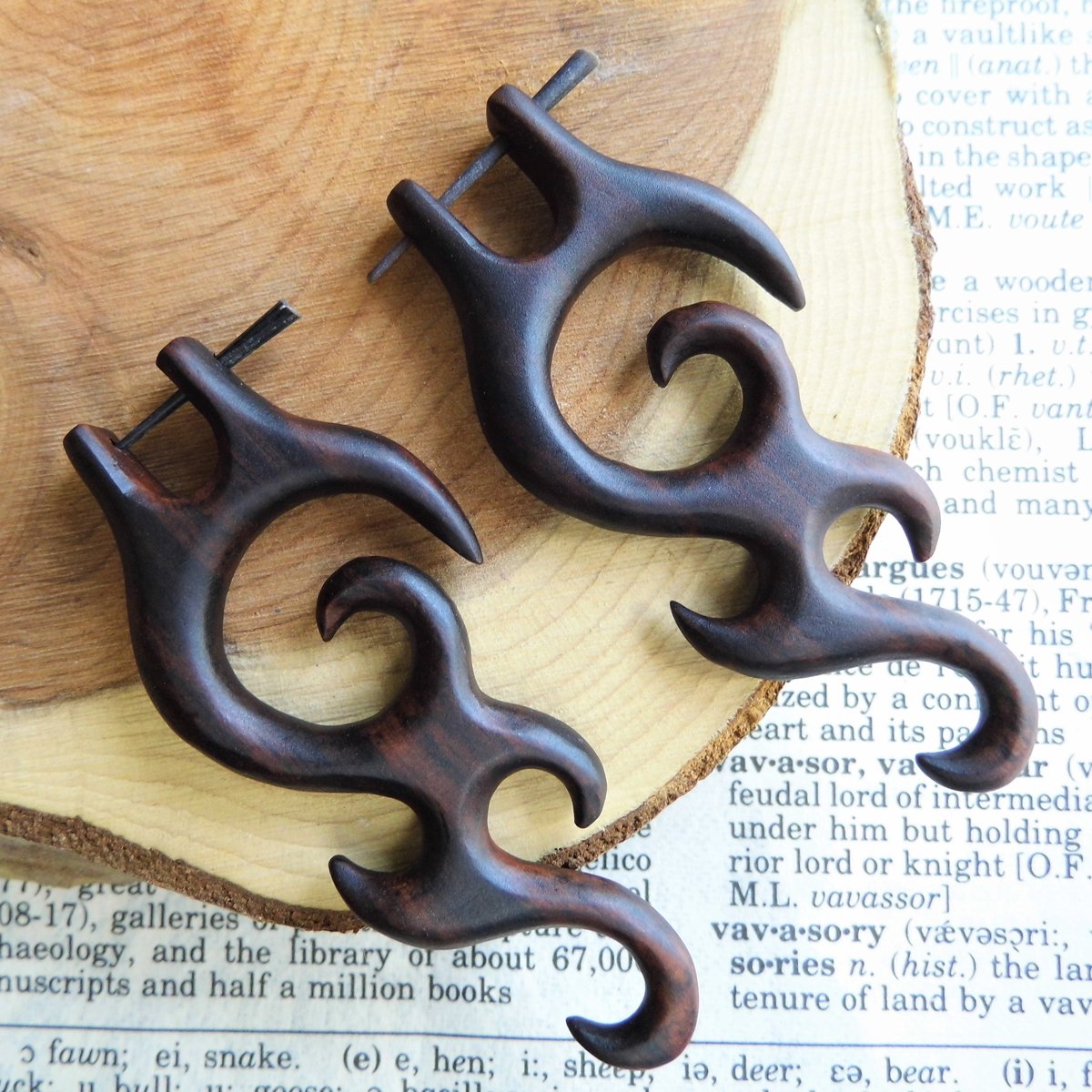 Wooden Carved Tribal Spiral Dangle Earrings