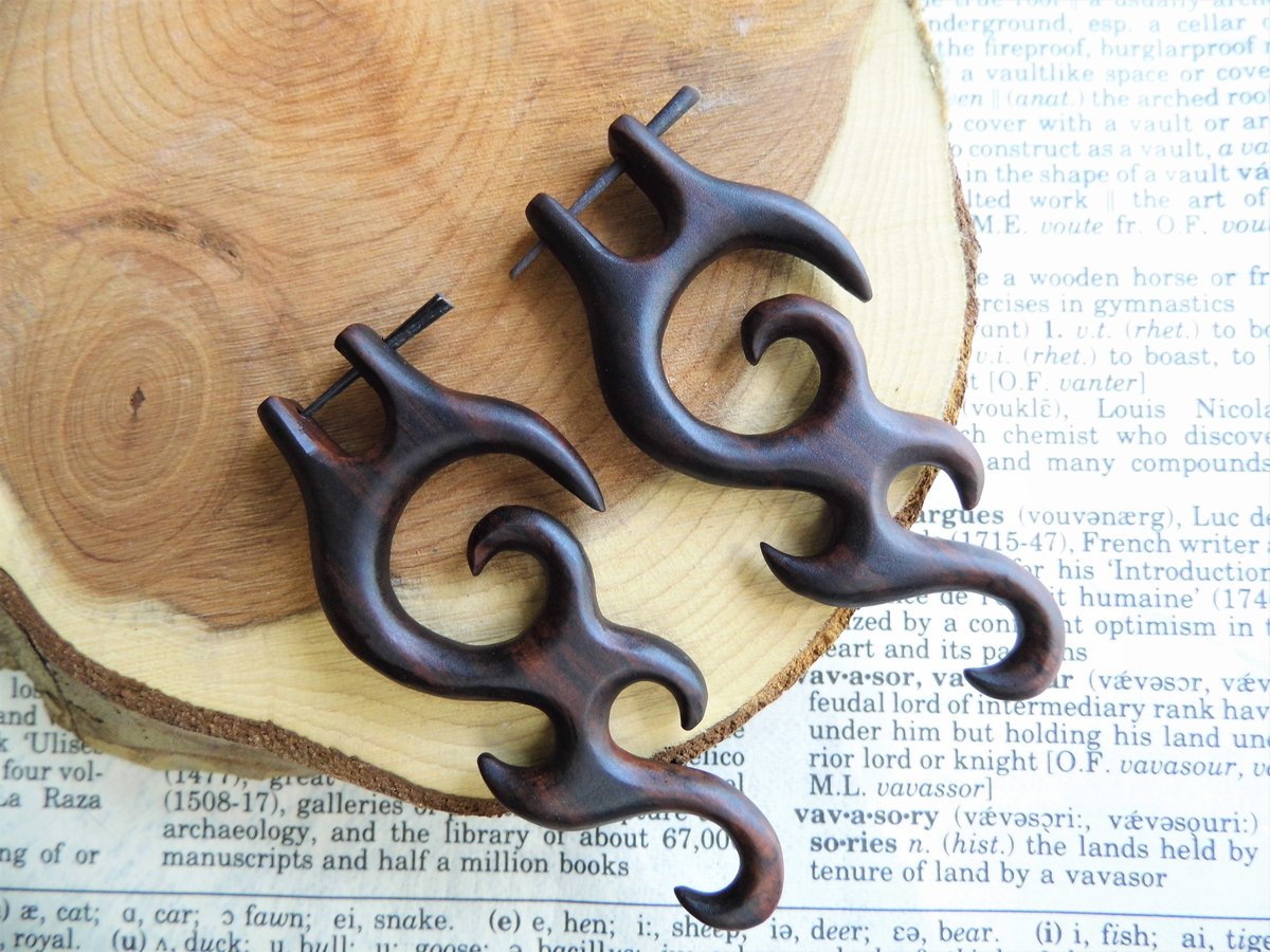 Wooden Carved Tribal Spiral Dangle Earrings 