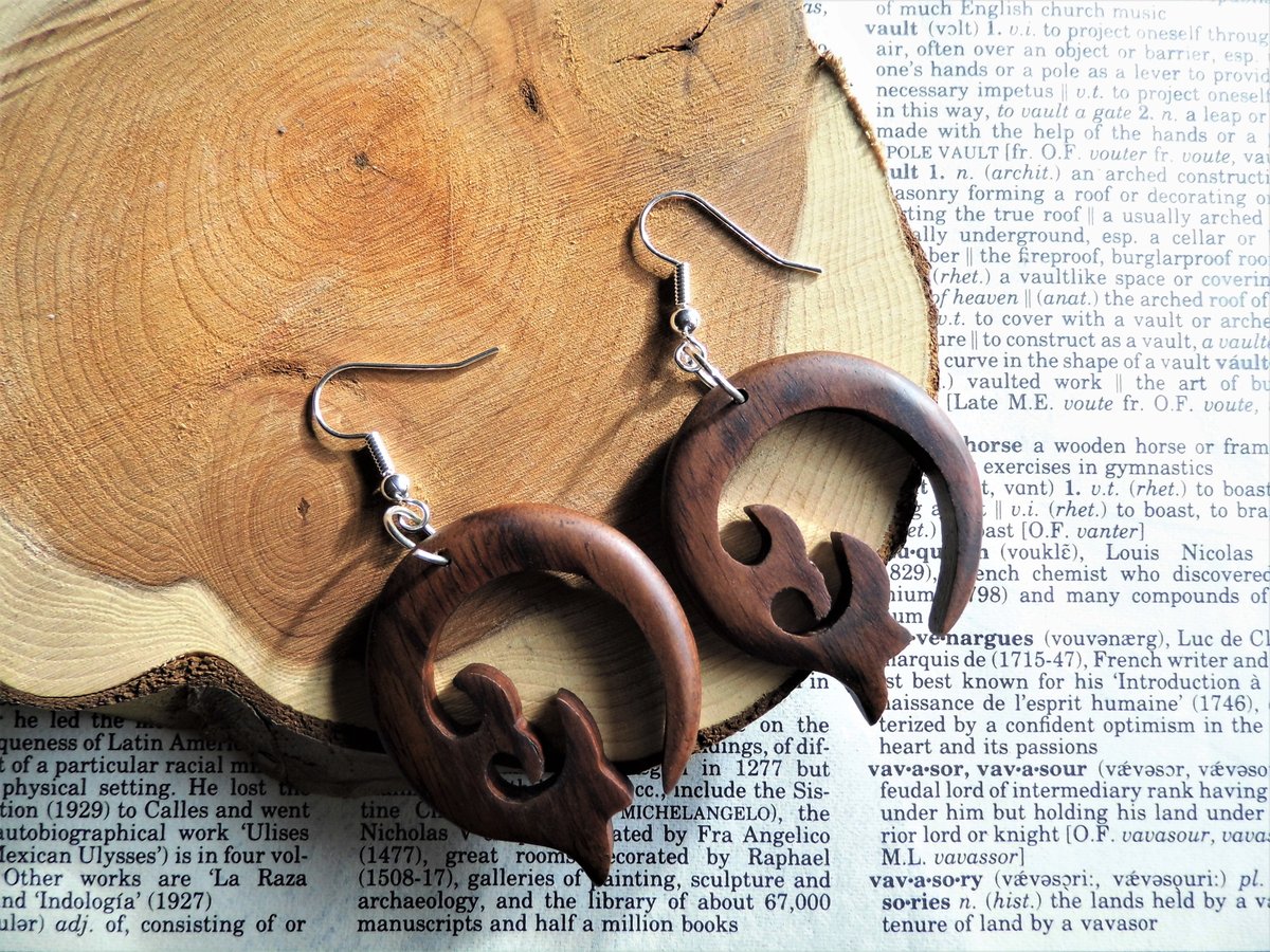 Wooden Dangle Drop Crescent Earrings Silver