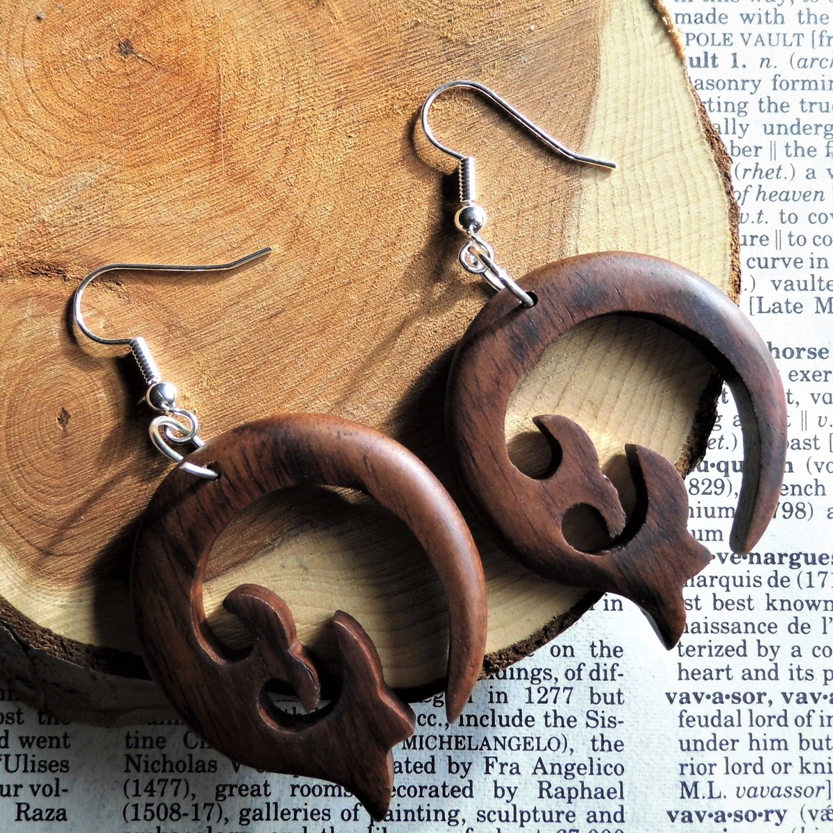 Wooden Dangle Drop Crescent Earrings Silver