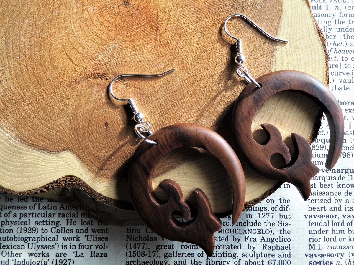 Wooden Dangle Drop Crescent Earrings Silver
