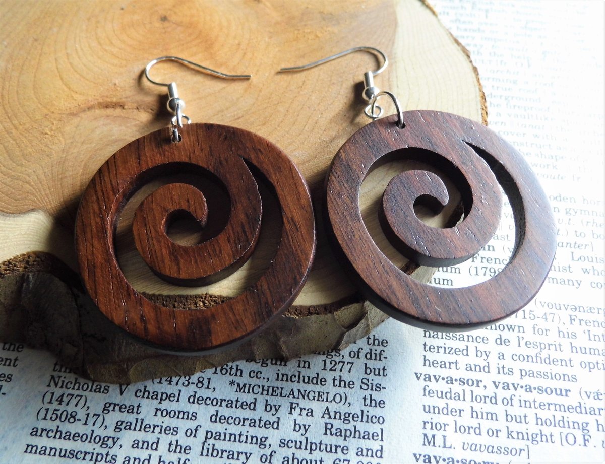 Wooden Dangle Drop Spiral Circle Earrings Silver